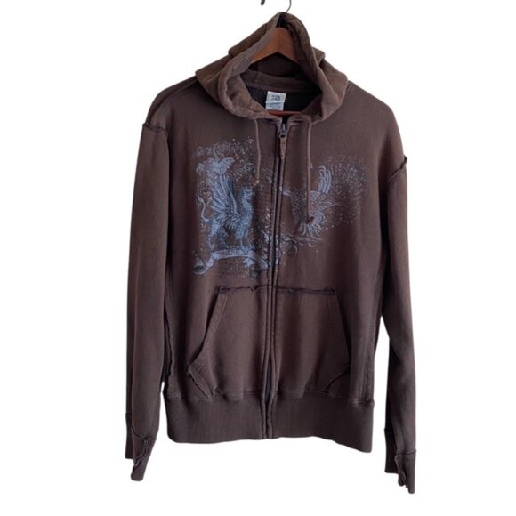 Tops - Y2K 725 Originals Full Zip Sweatshirt Woman XL Brown Dragon Streetwear Raw Hems